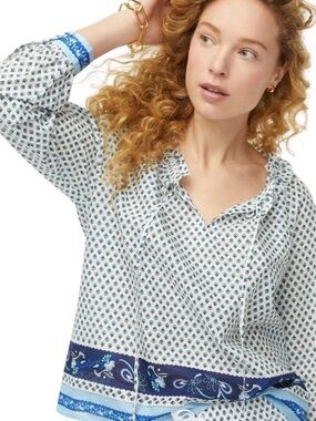 J. Crew Tie-Front Ruffle Top in Blue Ribbon Block Print